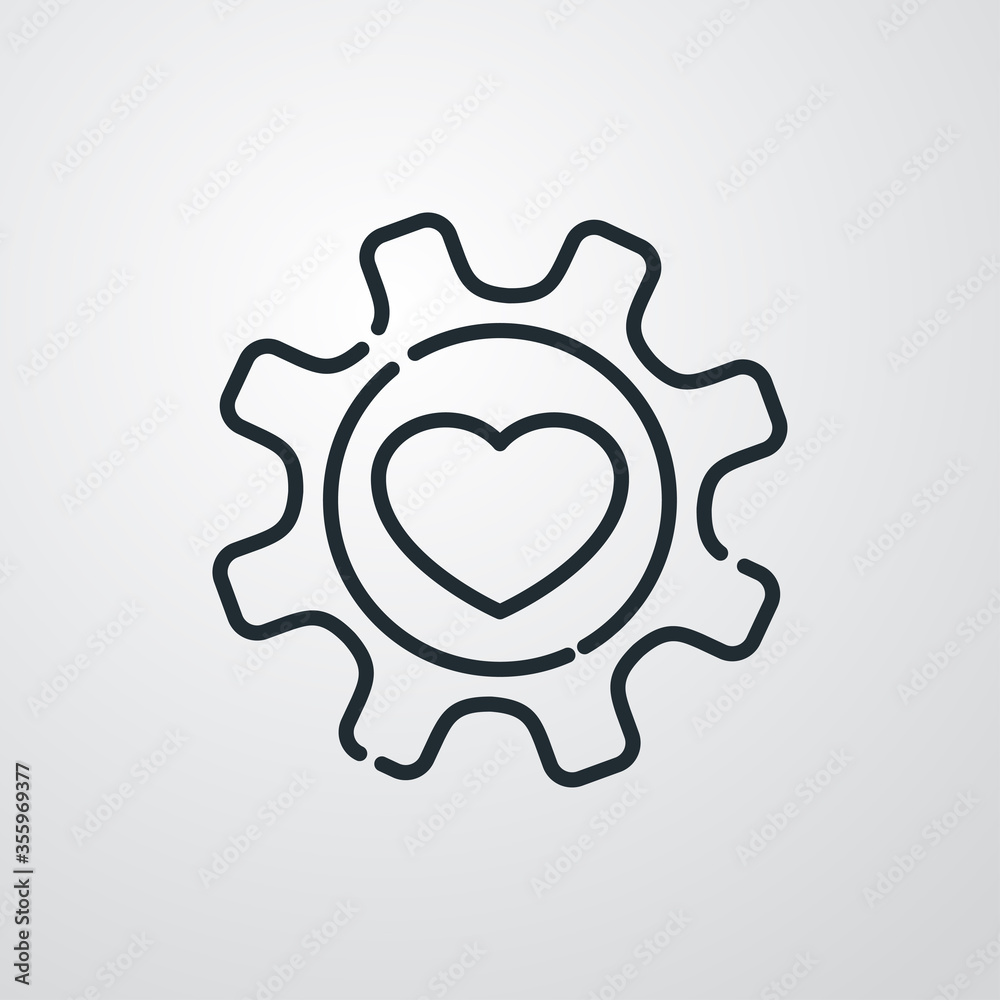 Icono plano lineal engranaje con corazón en fondo gris Icono plano lineal engranaje con corazón en fondo gris