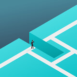 Business obstacle and professional strategy concept - businessman walks over gap as tightrope walker - isometric conceptual illustration for banner or poster