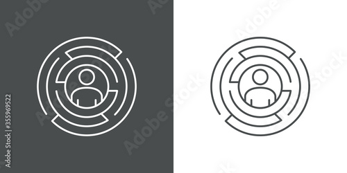 Concepto resolución de problemas. Icono plano lineal hombre en laberinto en forma de círculo en fondo gris y fondo blanco