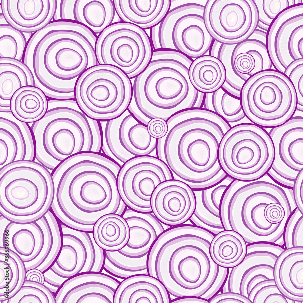 Round slices of onion. Seamless pattern. Vector hand-drawn realistic drawing.