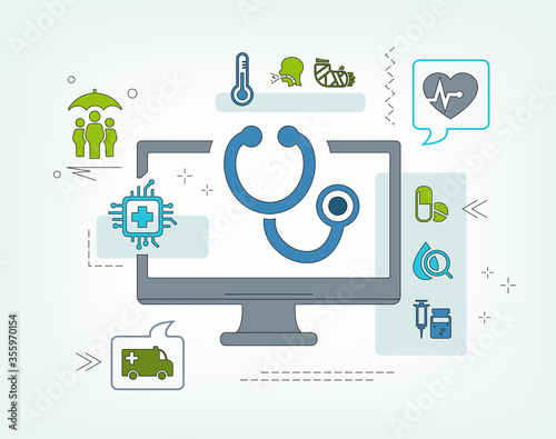 health care apps / digital healthcare / electronic health records / healthcare information systems icons concept – vector illustration
