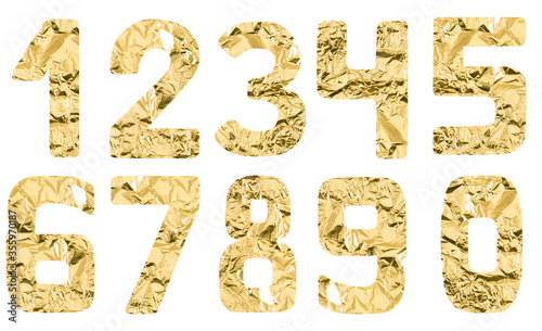 Isolated Font set of numbers 0-9 from zero to nine made of crumpled golden foil on a white background
