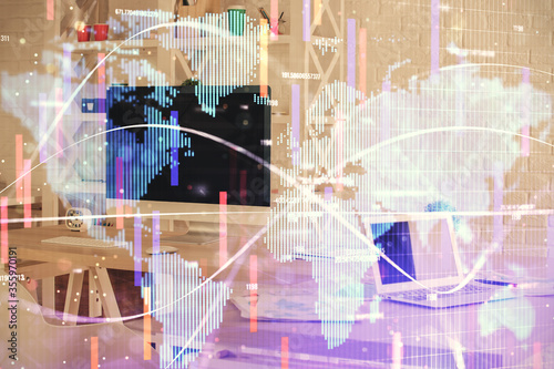 Wallpaper Mural Double exposure of business theme drawing and office interior background. Concept of success Torontodigital.ca