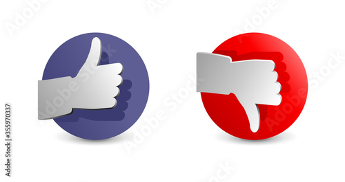 Like and dislike icon - positive and negative sign with thumbs up and down - isolated vector 3D pictograms