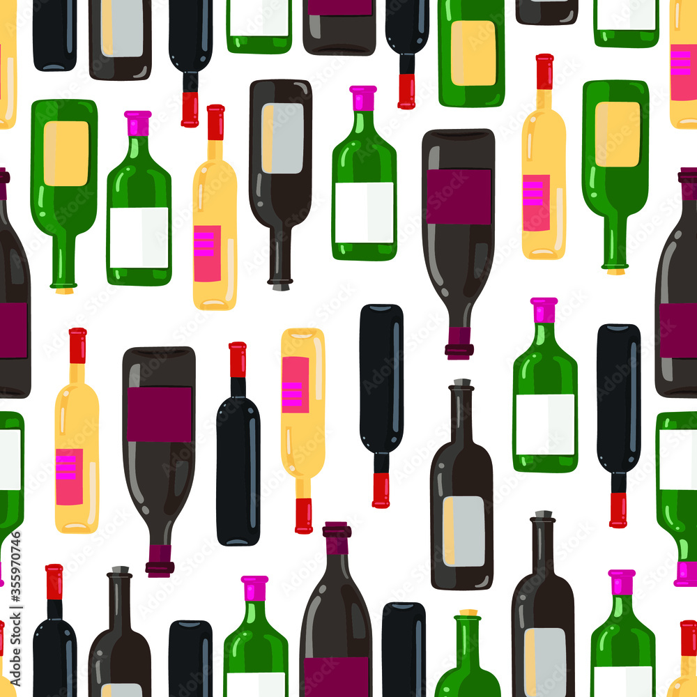 Various colored bottles of alcohol on a white background. Seamless pattern. Vector drawing of manual work. Various colored bottles of alcohol on a white background. Seamless pattern. Vector drawing of manual work.