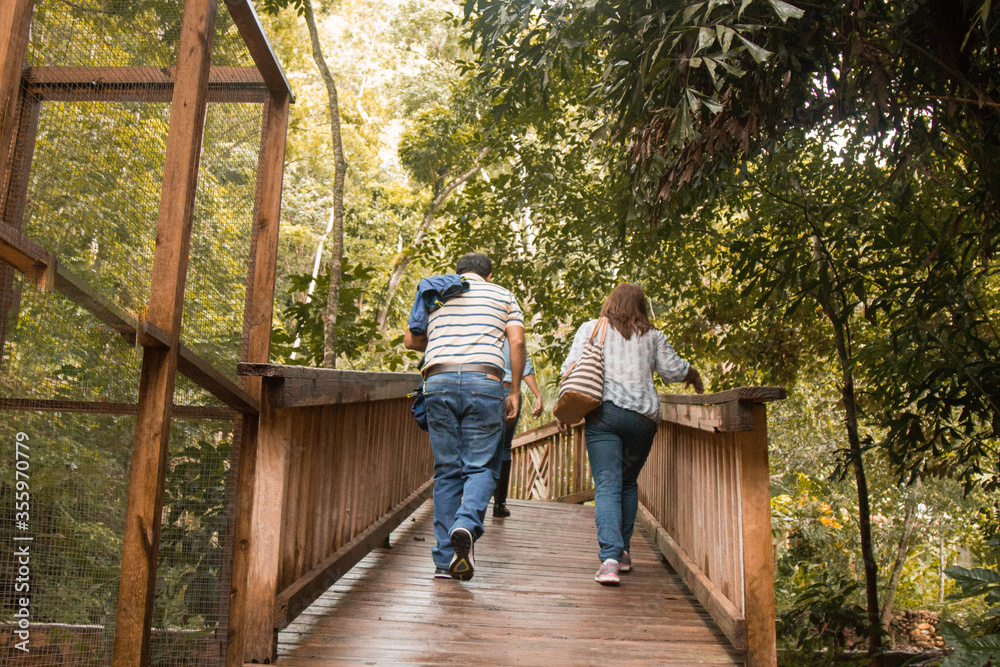 adult couple crossing a wooden bridge in the forest adult couple crossing a wooden bridge in the forest