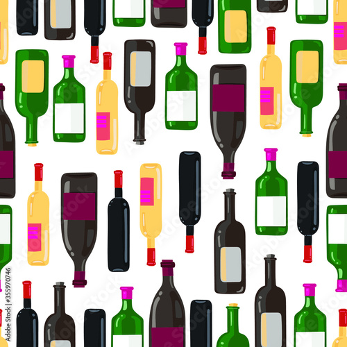 Various colored bottles of alcohol on a white background. Seamless pattern. Vector drawing of manual work.