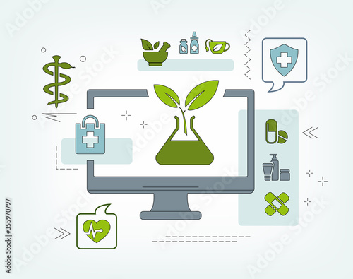 online pharmacy / drugstore vector illustration. Concept with icons related to products and services, medication, prescription, alternative medicine: vector illustration