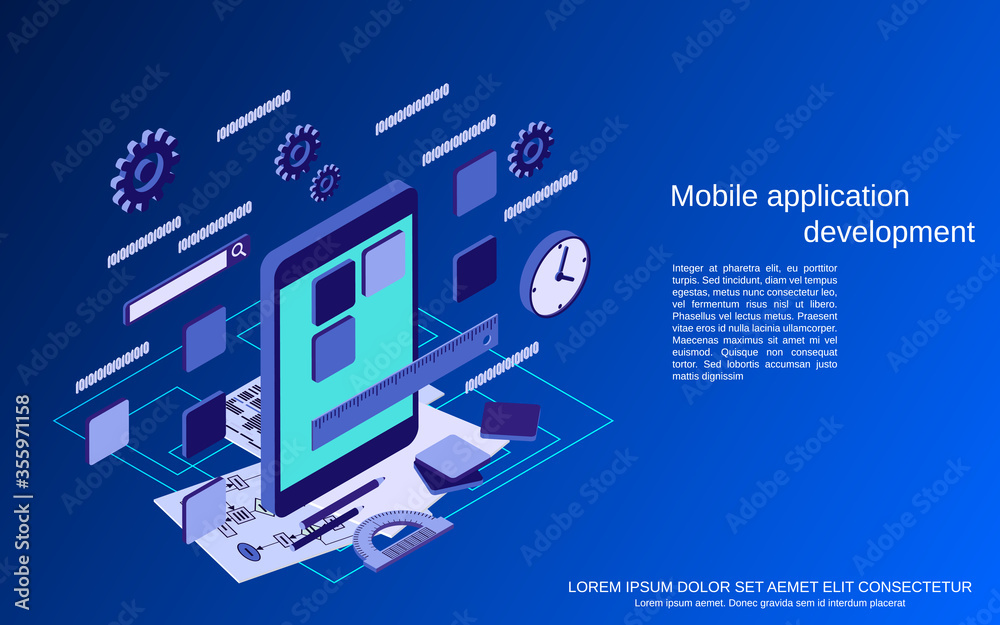 Mobile application development, program coding flat 3d isometric vector concept illustration