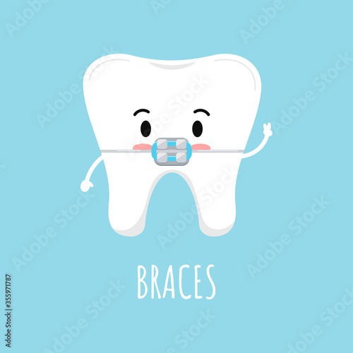 Cute tooth with dental braces emoji character. Dental braces on white tooth treatment concept. Vector flat design kawaii style kid tooth mascot illustration.