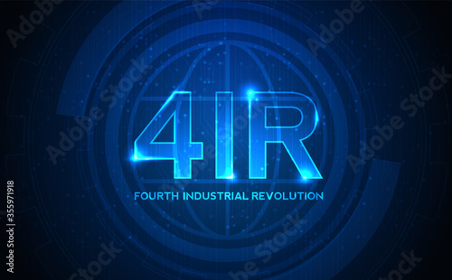 Fourth industrial revolution on futuristic hud with world map globe. concept of automatization, machinery, robotic technology, industrial revolution and artificial intelligence.