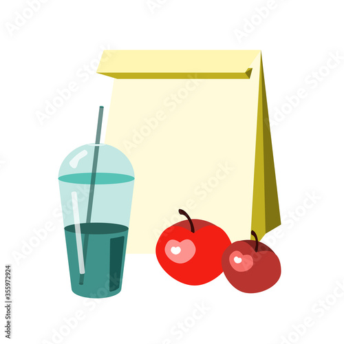 Lunchbox icon. Flat illustration of lunch in paper bag with juice and apples, vector icon for web