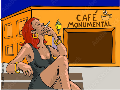 Illustration of a woman smoking a cigarrette sitting on a bench in front of  a coffee shop