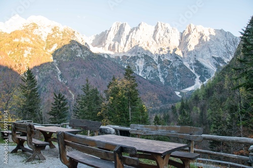 A perfect spot to enjoy a meal and the view of mountains in Slovenia