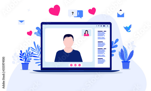 Online dating man - Laptop computer with video call showing a male person on screen with text chat in right margin. Vector illustration.