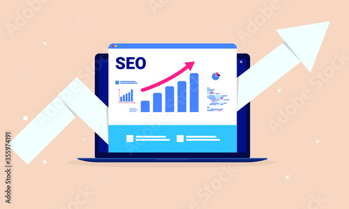 SEO optimisation - Laptop computer with search engine performance tools, rising graph and big arrow pointing upwards. Performance marketing, analytics and search engine ranking concept. Vector. photo