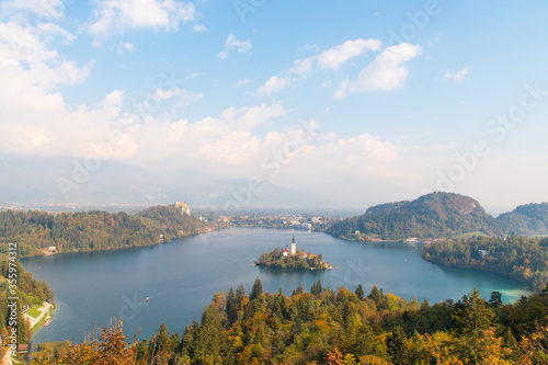 Aerial view of Lake Bled in the Fall  Slovenia
