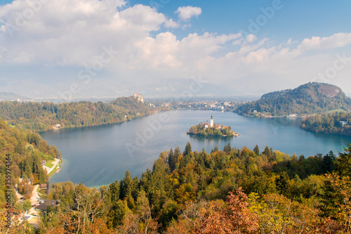 Aerial view of Lake Bled in the Fall, Slovenia
