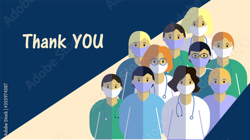 Thank you doctors and nurses for the fight against covid-19 coronavirus infection. Vector illustration of resuscitator, therapist, ambulance in mask.
