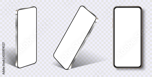 Realistic layout of the smartphone in different angles. Smartphone from different angles. Mockup generic device. UI/UX smartphones set. Template for infographics or presentation 3D realistic phones.