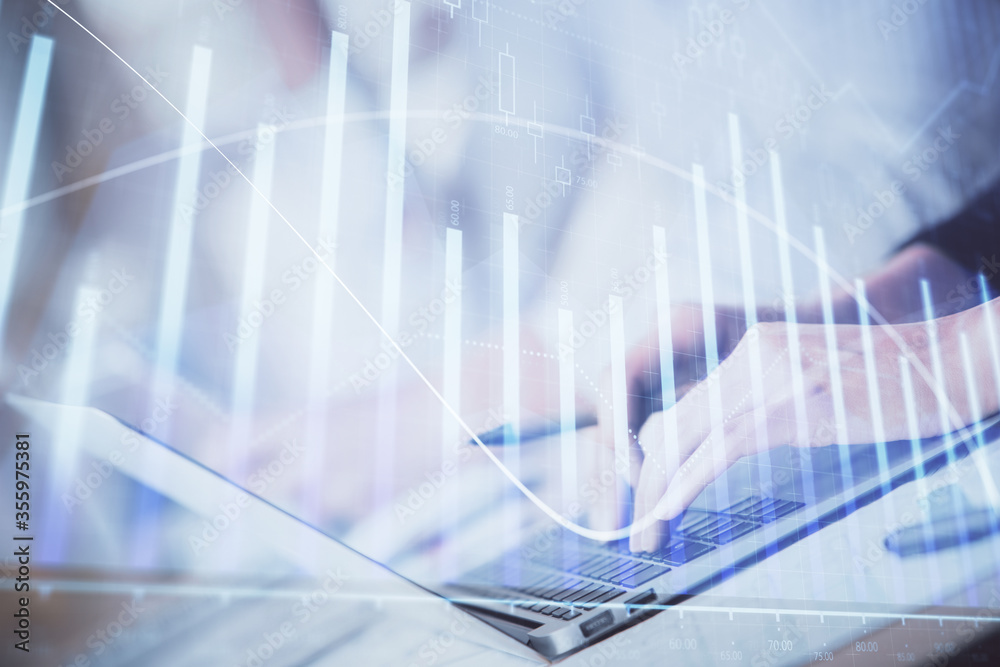 Double exposure of woman hands typing on computer and forex chart hologram drawing. Stock market invest concept. Double exposure of woman hands typing on computer and forex chart hologram drawing. Stock market invest concept.