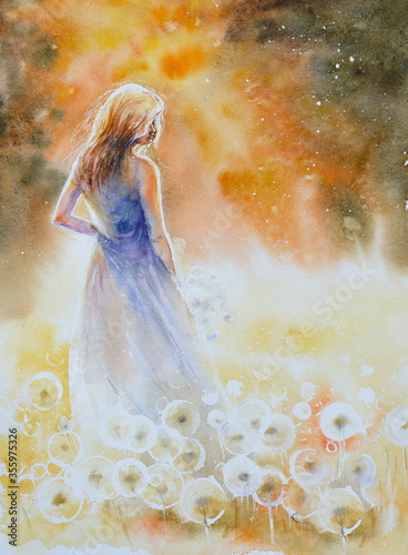 Beautiful Young Woman standing on the field in green grass with dandelion. Picture created with watercolors. 