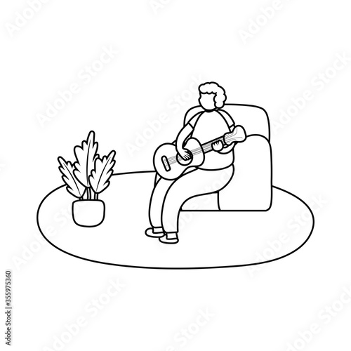 eldery man playing guitar in home activity line style