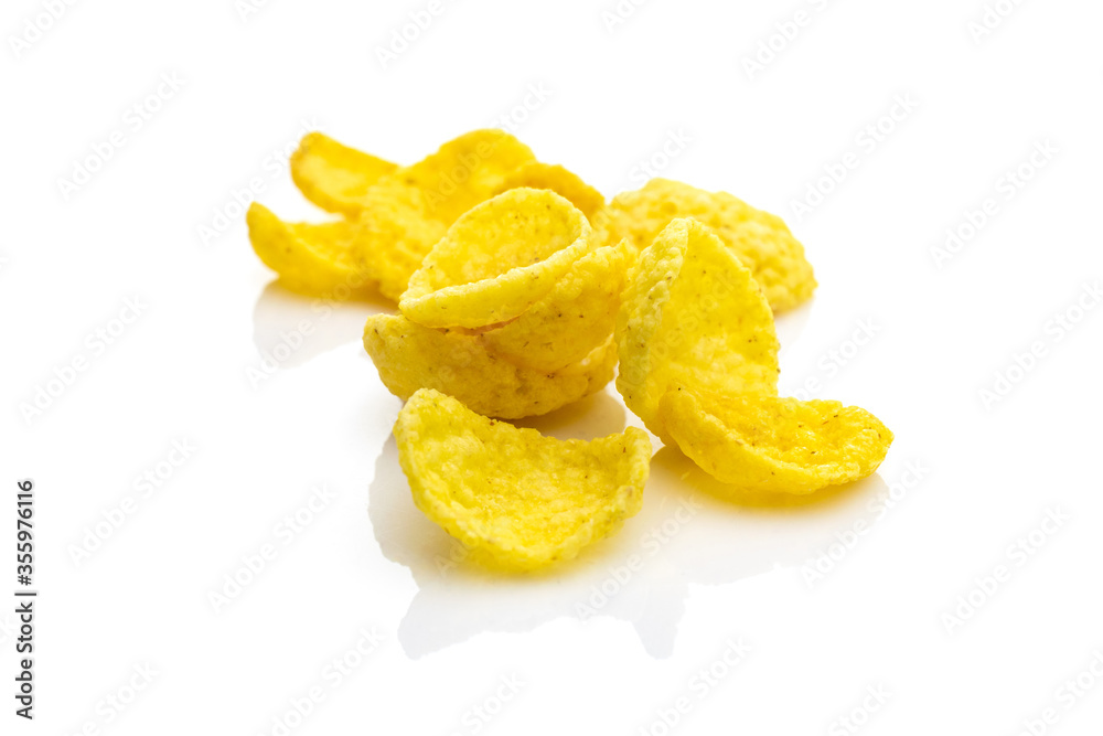 Healthy grains Cornflakes milk breakfast. Snack Cereal corn flakes isolated on white background. Clean-eating food with antioxidant, omega-3, protein and copy space. Healthy grains Cornflakes milk breakfast. Snack Cereal corn flakes isolated on white background. Clean-eating food with antioxidant, omega-3, protein and copy space.