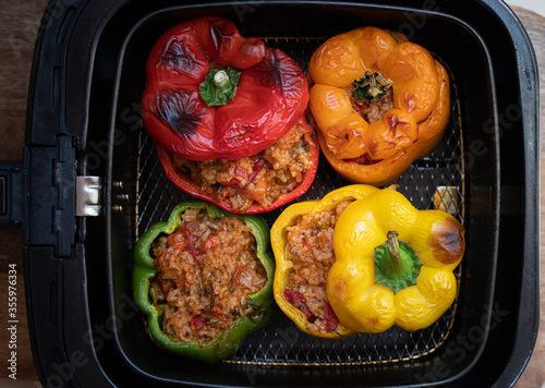 Vegetarian rice stuffed peppers cooked in air fryer