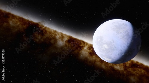 beautiful alien planet in far space, realistic exoplanet, planet suitable for colonization, planet similar to Earth, detailed planet surface 3D render photo