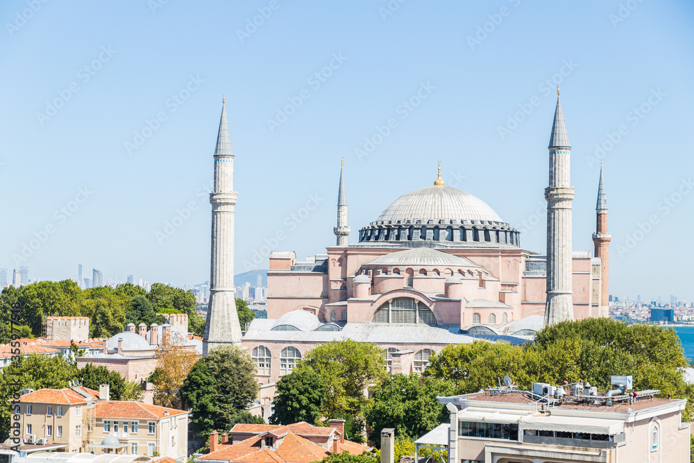 Naklejka premium Hagia Sophia domes and minarets in the old town of Istanbul, Turkey