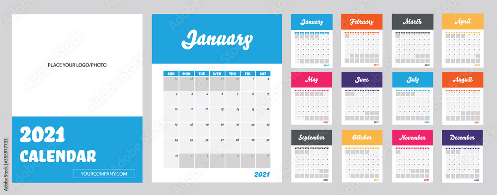 2021 Modern Calendar. Template to Apply Company's Logo & Website. Week Starts on Sunday. Set of 12 Months and Cover Page. Vector Illustration. 2021 Modern Calendar. Template to Apply Company's Logo & Website. Week Starts on Sunday. Set of 12 Months and Cover Page. Vector Illustration.