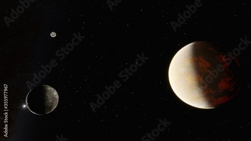 beautiful alien planet in far space, realistic exoplanet, planet suitable for colonization, planet similar to Earth, detailed planet surface 3D render photo