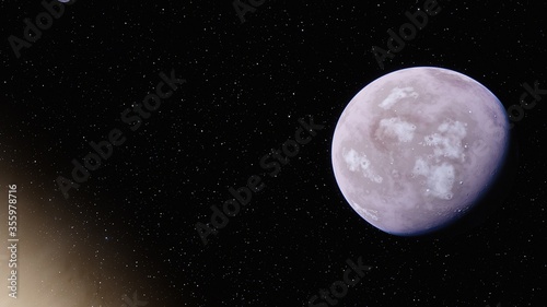 beautiful alien planet in far space, realistic exoplanet, planet suitable for colonization, planet similar to Earth, detailed planet surface 3D render photo