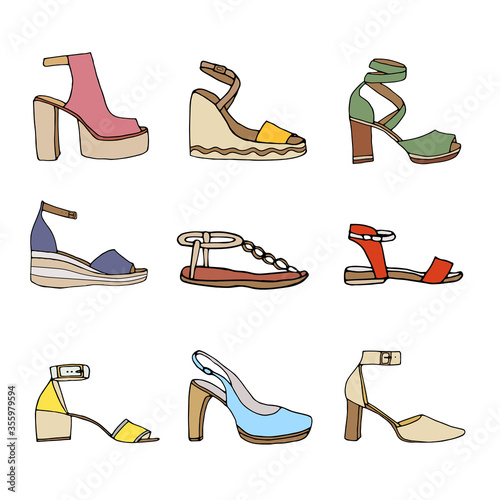 Women sandals collection in color. Various types of female summer shoes. Hand drawn vector illustration.