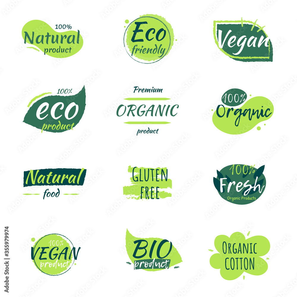 Set of product labels related to Natural, Vegan, Organic Farming and more. Healthy food badges for food market, e-commerce, restaurant, healthy life and premium quality food and drink promotion. 