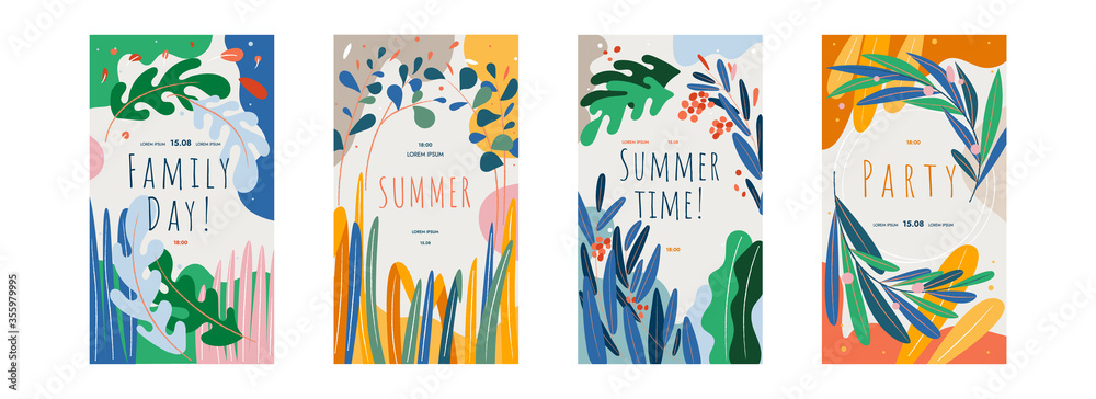 Collection of abstract poster designs. Summer party, Family Day, Summer Time. Bright Colors abstract flowers natural shapes and geometric elements. Perfect template for posters, invitations, flyers.