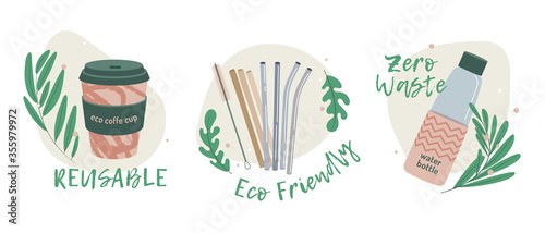 Set of Simple Ecology banners. Reusable coffee cups, Alternative cocktail strow and zero waste water plastic bottles.