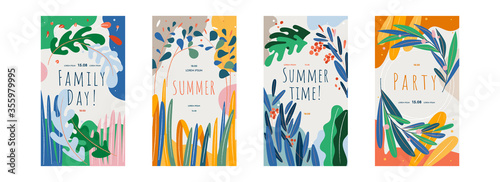 Collection of abstract poster designs. Summer party, Family Day, Summer Time. Bright Colors abstract flowers natural shapes and geometric elements. Perfect template for posters, invitations, flyers.