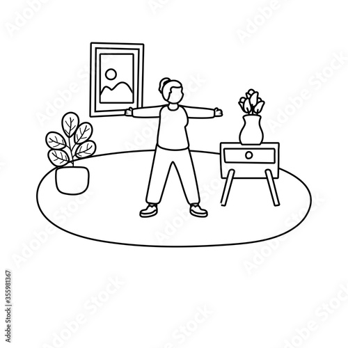 eldery woman practicing exercise in home activity line style