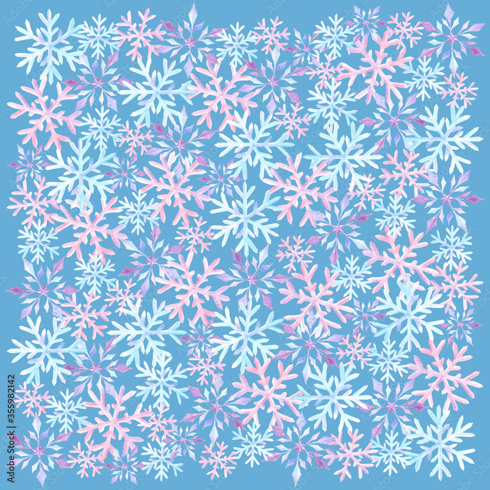 Blue and pink snowflakes on blue background: square watercolor illustration, winter hand drawn background.