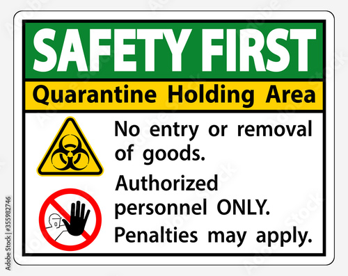 Safety First Quarantine Holding Area Sign Isolated On White Background,Vector Illustration EPS.10