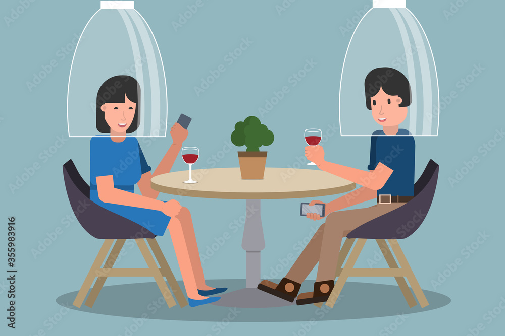 Dating in cafe after pandemic covid-19 corona virus. New normal is social distancing. Flat design stock vector concept