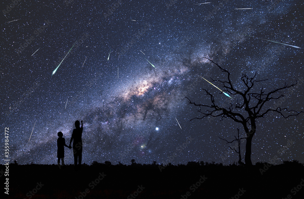 Dzieci obserwujące rój meteorów potocznie zwany deszczem spadających gwiazd, oraz piękna Droga Mleczna  z wyraźnie widocznym centrum naszej galaktyki - Children observing a swarm of meteors - obrazy, fototapety, plakaty 