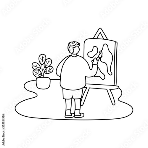eldery man painting picture in home activity line style