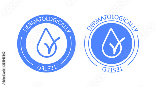 Dermatologically tested vector label with water drop logo. Dermatology test and dermatologist clinically proven icon for allergy free and healthy safe product package tag EPS photo