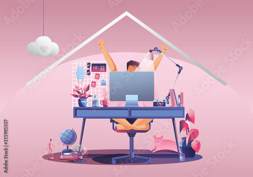 Work from home concept, Young man freelancers working on laptops at home. People at home in quarantine. Pink background front view, Staying at home vector illustration. Flat Design character