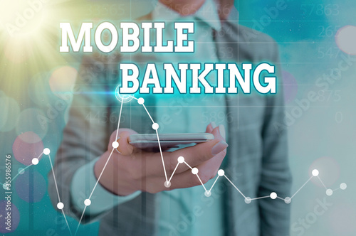 Text sign showing Mobile Banking. Business photo text to create financial transactions with the use of smartphone photo