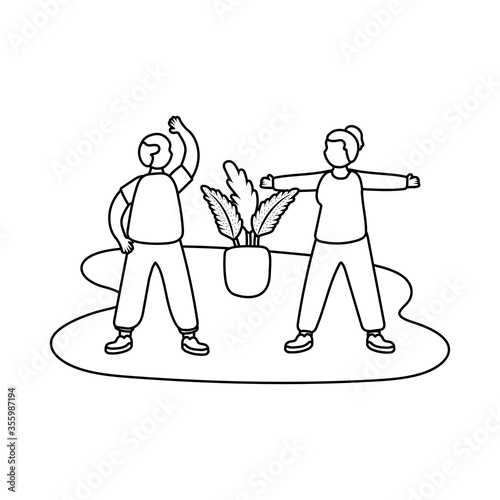 eldery couple practicing exercise in home activity line style