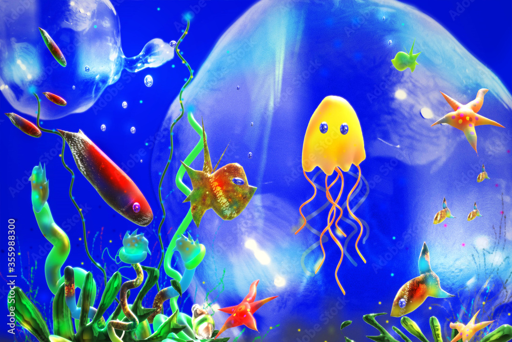 Naklejka premium Underwater world and sea life. Colorful cartoon illustration.